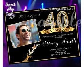 40th and Fabulous Birthday Party Invitation with photo,Gold Diamonds 40th Birthday Bash Invitation,(14ab)